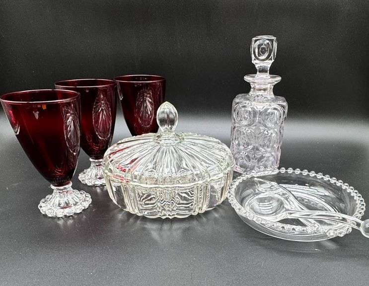 Glassware Lot with Ruby Goblets, Lidded Dish, Decanter, and Clear Glass Serving Plate