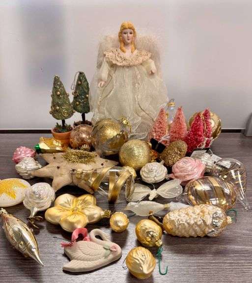 Christmas Decorations with Angel, Ornaments, and Miniature Trees