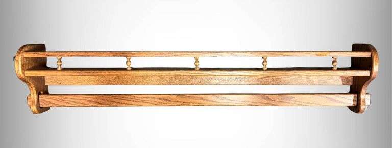 Wall-Mounted Oak Shelf with Spindle Accents and Towel Bar