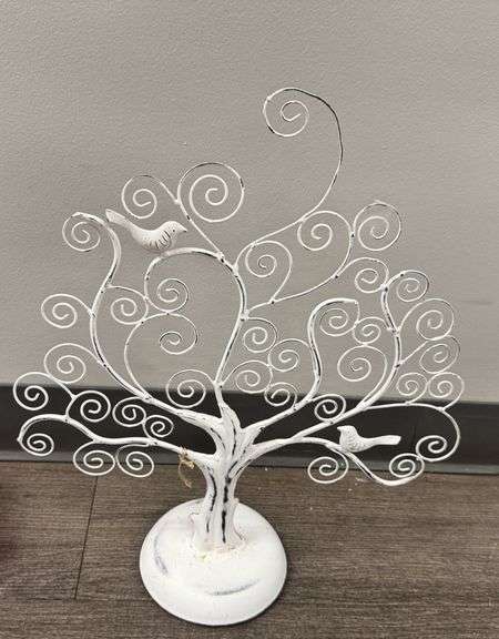 White Metal Wire Tree Jewelry Display with Bird Motif