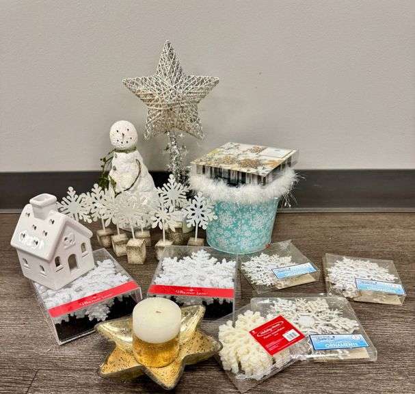 Winter-Themed Holiday Decor Lot Including Snowflakes and Ceramic Pieces