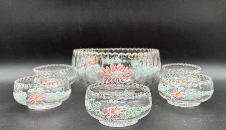 EAPG Jefferson Optic/Tiny Optic Decorated Master Berry Bowl with Five Small Bowls