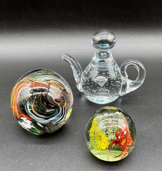Three Art Glass Paperweights Including Clear Miniature Teapot