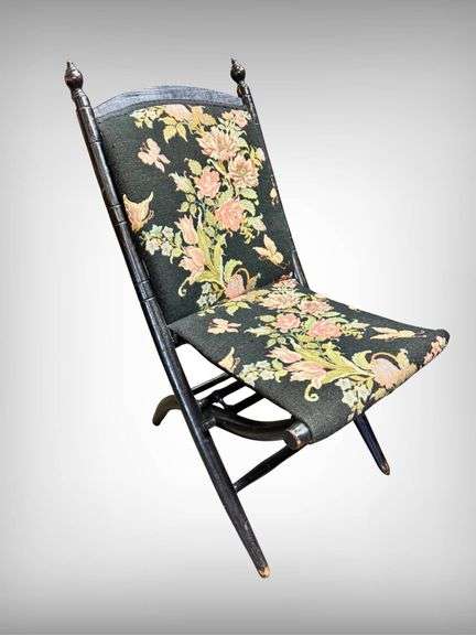 Black Wooden Folding Chair with Floral Upholstery