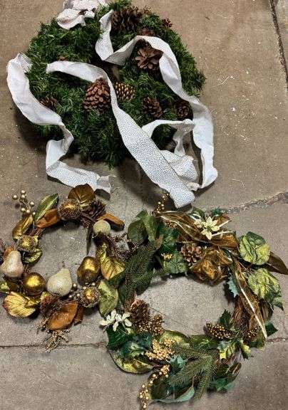 Three Decorative Holiday Wreaths with Pinecones and Gold Accents
