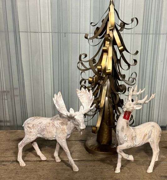 Metallic Sculptural Tree and Two Carved Reindeer Decorations
