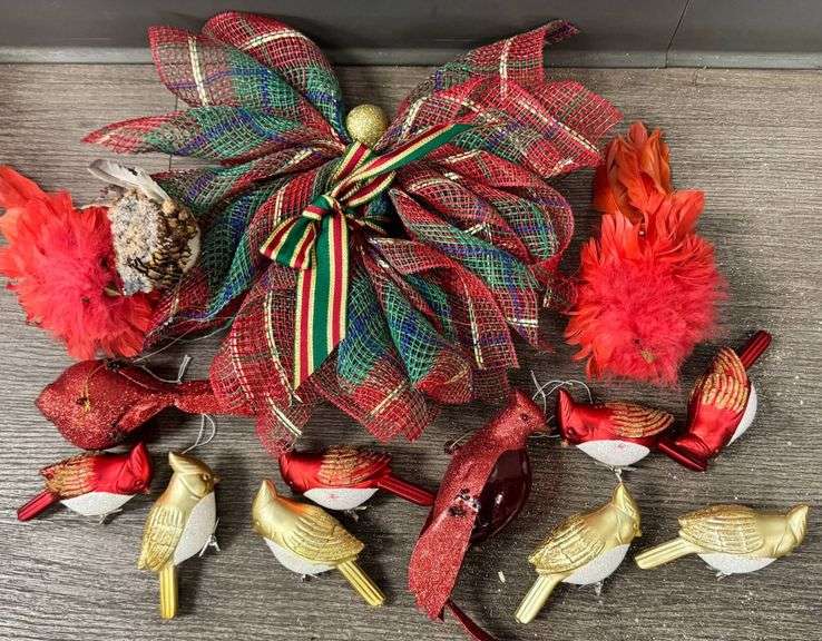 Christmas Bird Ornaments with Plaid Ribbon Decoration