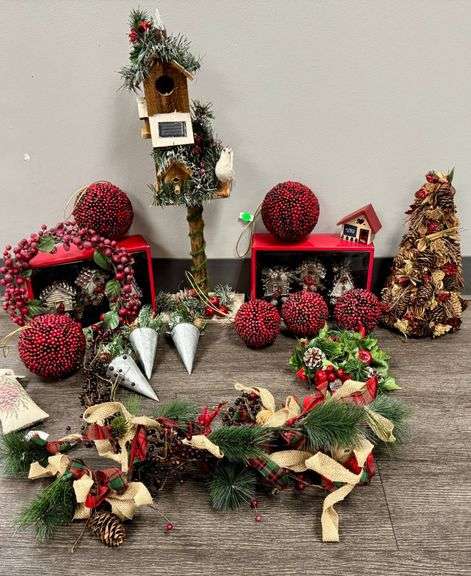 Holiday Decorations Including Birdhouse and Pinecone Tree