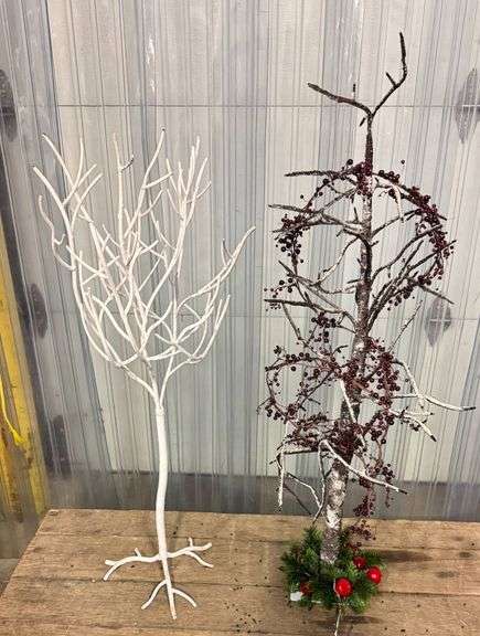 Two Decorative Tree Sculptures in White and Festive Design