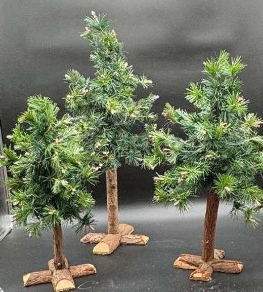 3 Artificial Pine Trees with Wooden Bases
