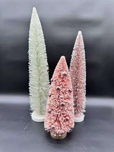 Three Bottle Brush Christmas Trees in Green, Pink, and Frosted Designs