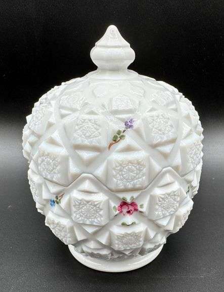 White Westmoreland Milk Glass Covered Dish with Floral Accents and Geometric Design