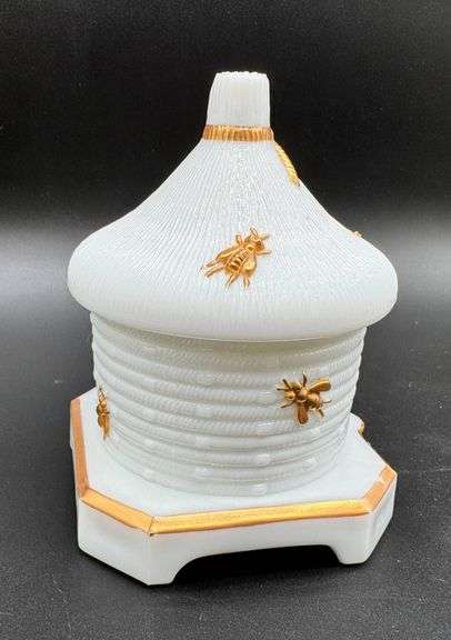 Vintage Imperial Milk Glass Bee Hive Jar with Lid