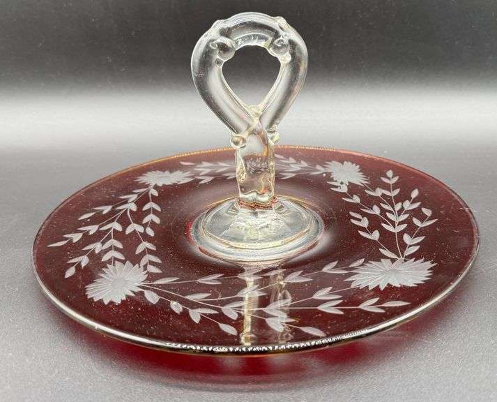 Vintage Ruby Glass Cut to Clear Serving Tray with Handle