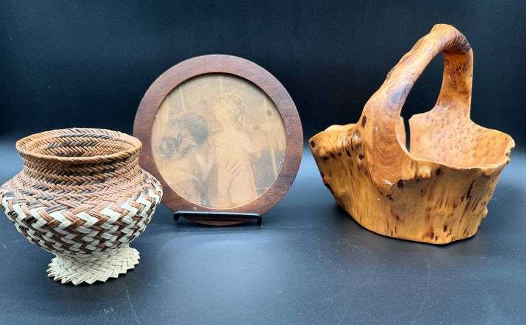 Three-Piece Decorative Lot: Woven Basket, Framed Vintage Photo, and Wooden Burl Basket
