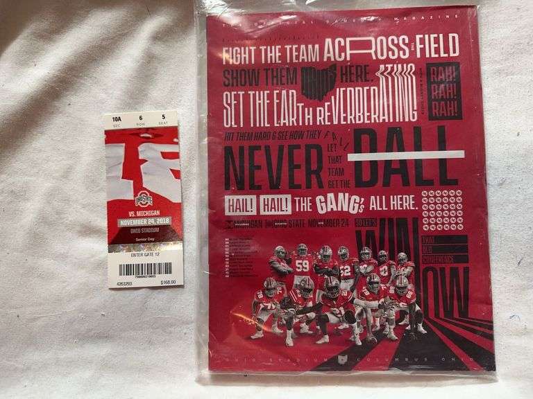A 2018 Michigan VS Ohio State program and ticket from Ohio Stadium.
