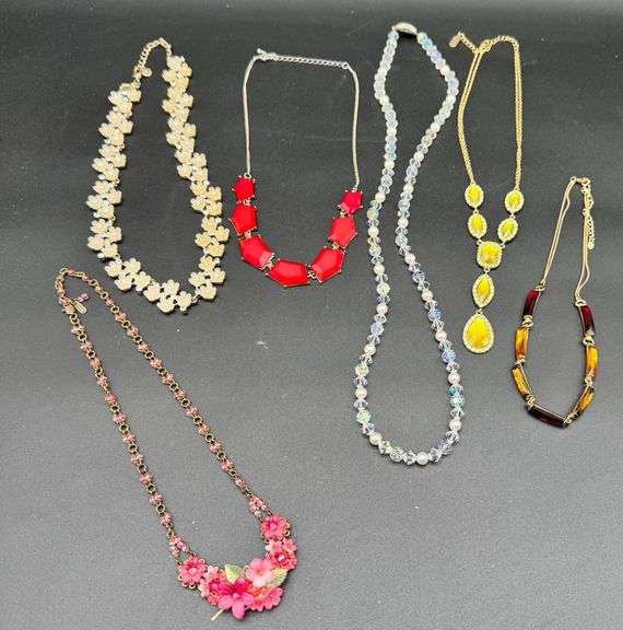 Six Designer Costume Necklaces With Floral and Gem Accents