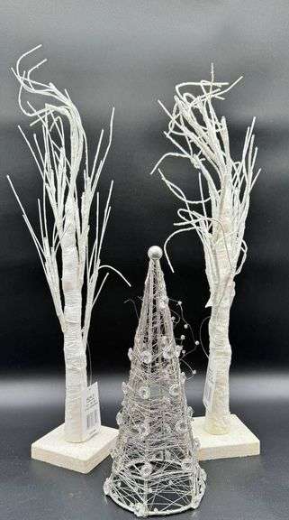 Decorative Winter White Tree Set with Wired Cone Ornament