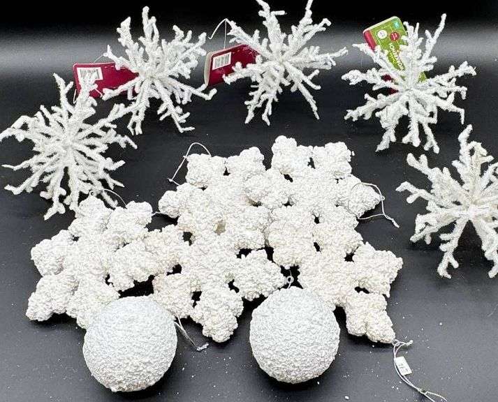 White Glittered Snowflake and Ball Ornaments