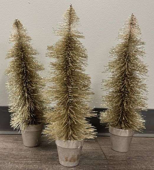Three Gold Glitter Bottle Brush Trees in Small Pots
