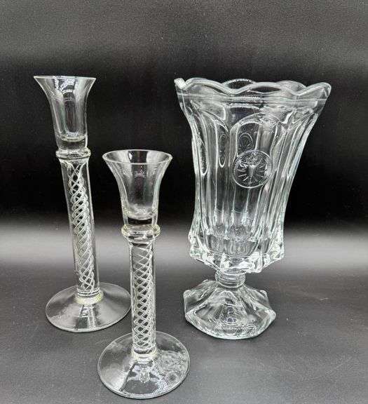 Two Art Glass Air Twist and a Fostoria Coin Dot Vase