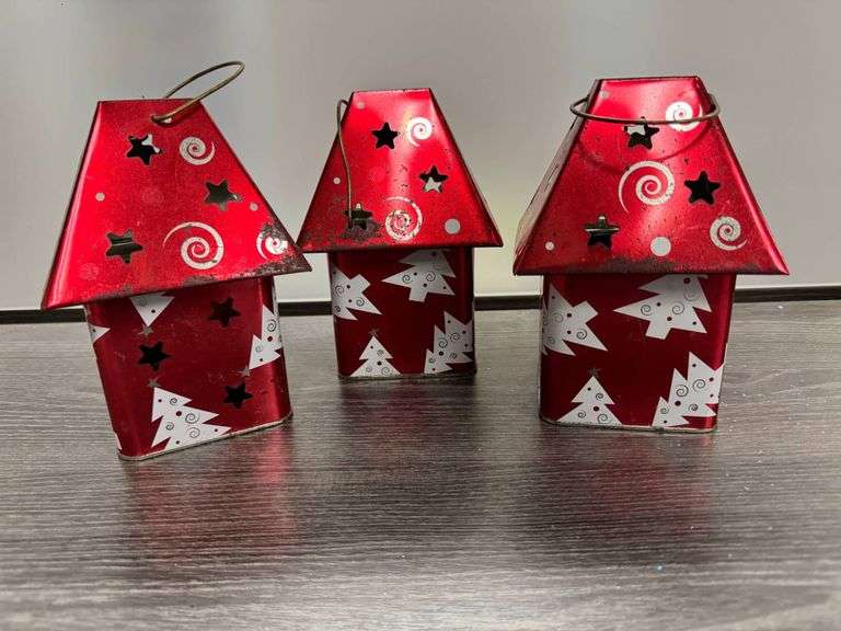 Three Red Metal Lantern Christmas Decorations