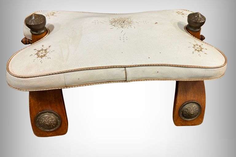 Vintage Egyptian Wood Camel Saddle Foot Stool With Leather Cushion and Brass Detail