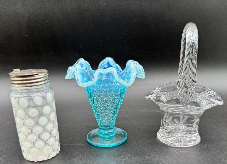 Three Vintage Glass Pieces: Fenton Blue Opalescent Vase, Clear Basket, and Coin Dot Milk Glass Shake