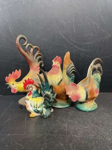 Ceramic roosters and hen