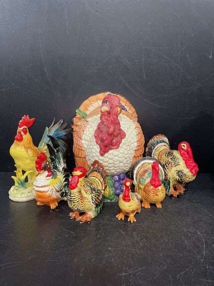 Ceramic turkeys and rooster