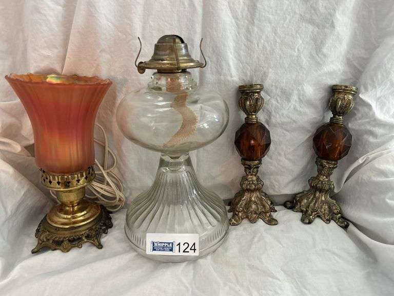 Vintage Amber Candle Holders & Hurricane Lamp