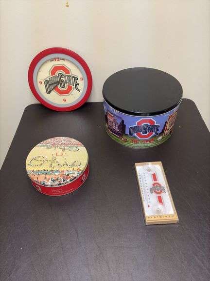 OSU Clock, 2 Tins, Thermometer - Auction Ohio