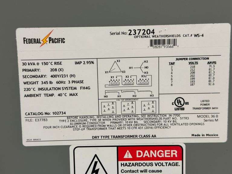 Federal Pacific EEfficient 30 kVA 3Phase Dry Type Transformer