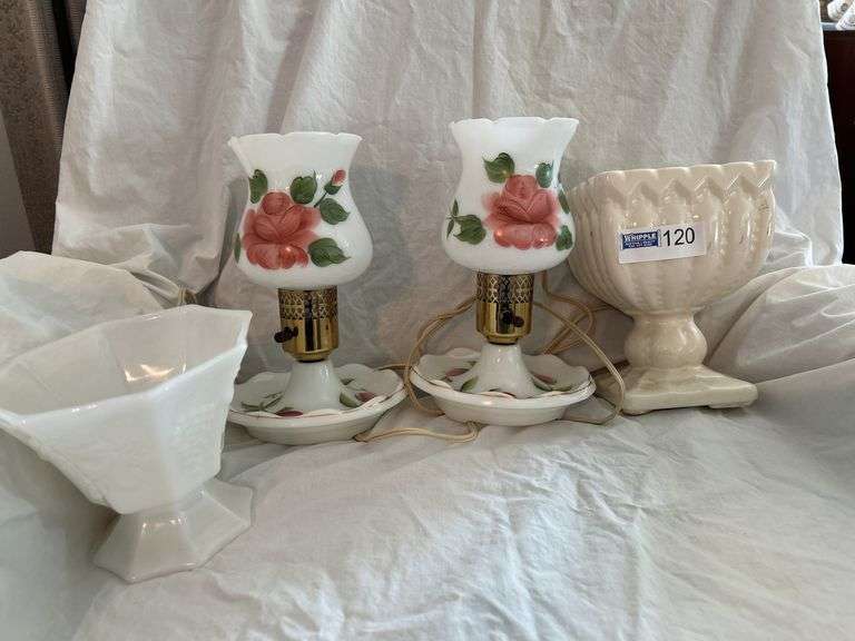 Vintage Rose Table Lamps (2) & Vases (1 Milk Glass)