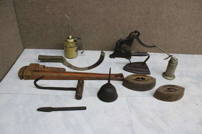 Vintage Tools and Accessories Lot, Including Irons, Wrenches, Oil Cans