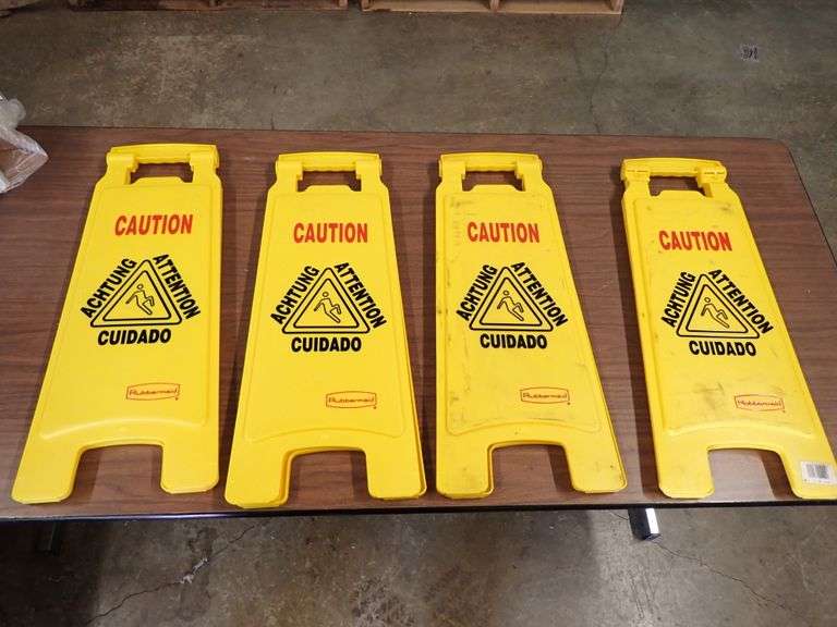 FOUR Rubbermaid Commercial Caution Floor Sign 2-Sided Yellow 26-1/2" H x 11" W