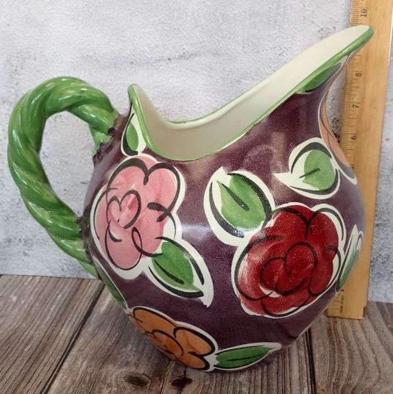 Vtg Fioriware Zanesville OH Art Pottery Jug Pitcher Begonia Persimmons