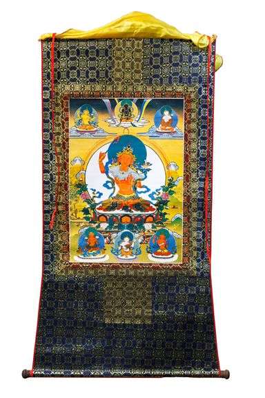Thangka Tibétain Kalacakra Vajrayogini - Peinture Dorée Bouddha, Décoration Zen - Cadre Brocart, 4 Tailles