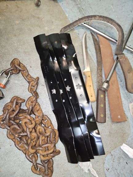 Mower blades, large knives, chain, etc.