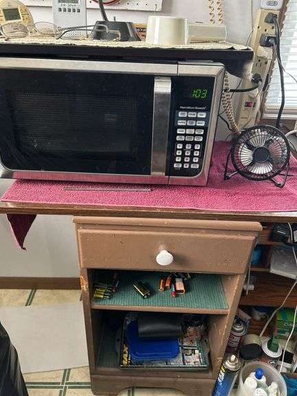 Microwave, Stand, Fan & Content of Cabinet and On Microwave