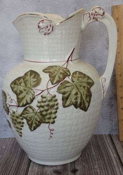 Farmhouse Style Antique Stoneware Majolica Pitcher Grape Vine
