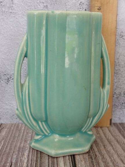 McCoy Pottery Aqua Green Teal Double Leaf Handles 5/25" Ceramic Art Vase