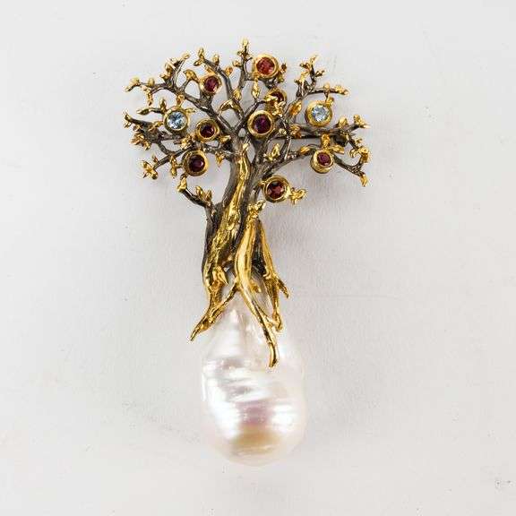 Beautiful Sterling Silver and Large Natural Pearl Tree Pin