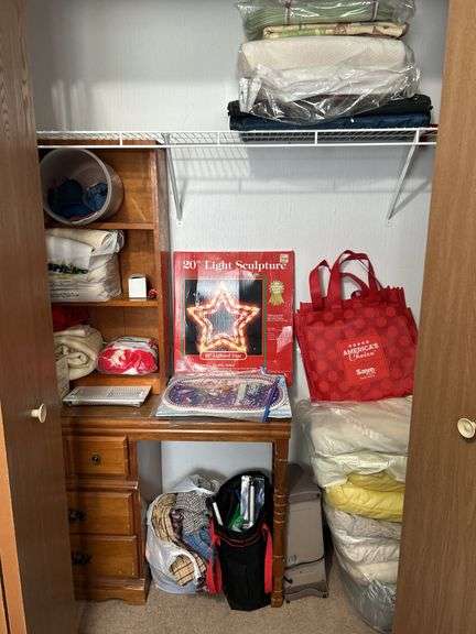 Contents of Closet - Desk, Space Heater, Linens, & Christmas