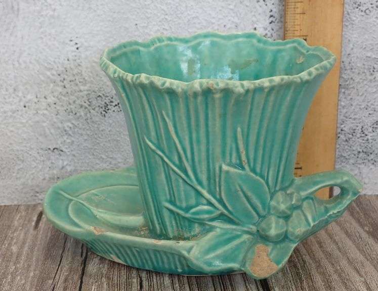 McCoy Pottery stoneware Light Sea Foam Green Lotus Planter w/ Saucer Water Lily