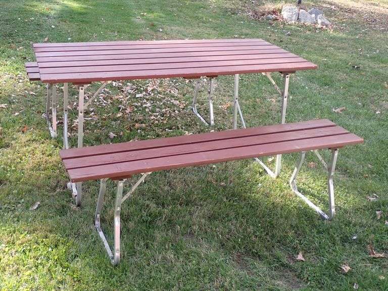 Vintage 3 Piece Retro MCM Folding Aluminum Redwood Picnic Table & Benches