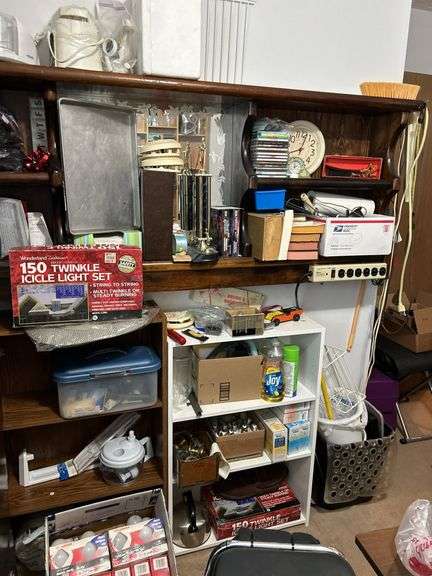 Light Bulbs, Food Processors, Disk Player, Electrical Cords, 2 Small Shelves, & More (lg wall shelf