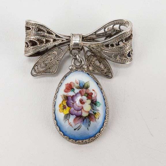 Hand-Painted Floral Pin with Bow