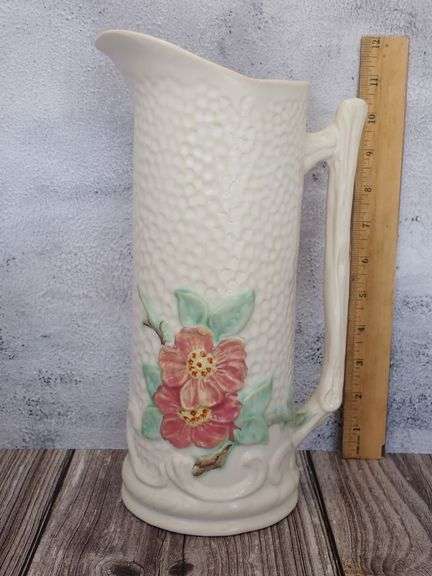 Weller Pottery USA Delsa White Stippled Tankard Pitcher Pink Flowers