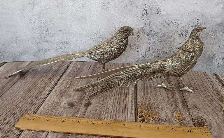 EPNS Silver Plated Pheasant Figurines / Mid Century Antique brass Statues